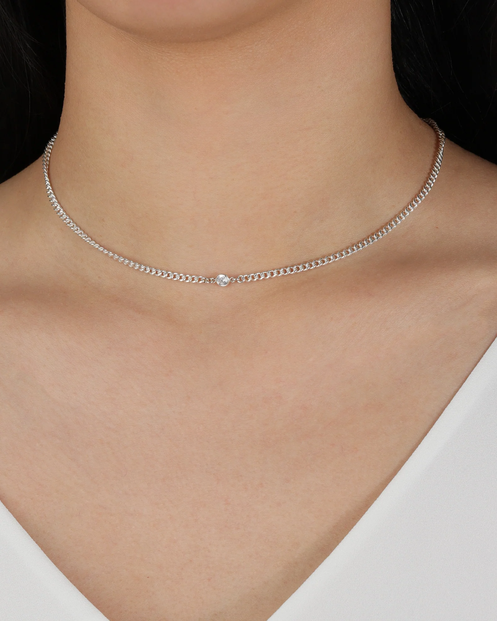 Single CZ Small Curb Chain Necklace - Image 2