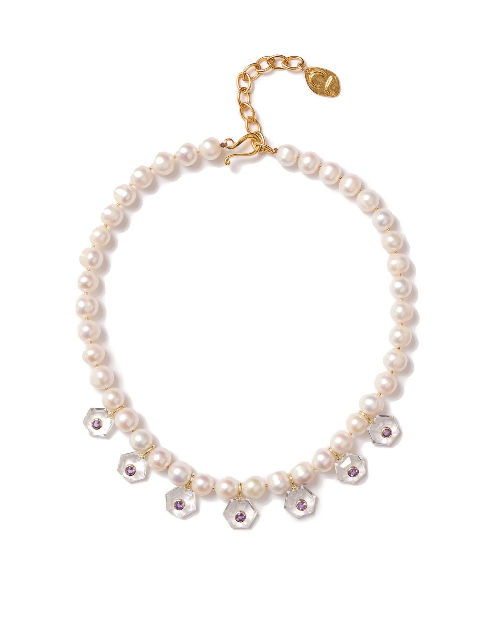 Seven Hexagon Inlay Pearl Necklace