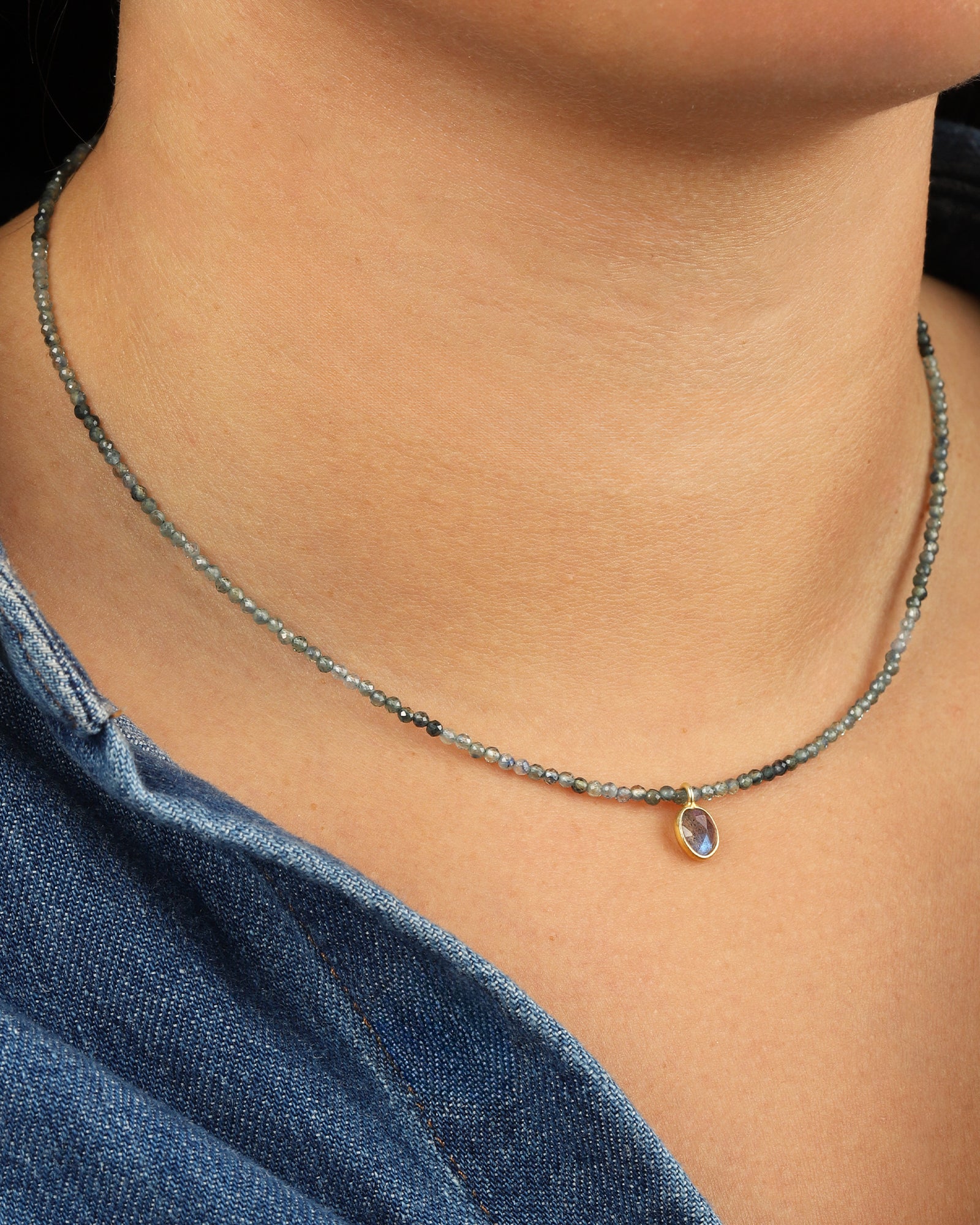 Blue Sapphire & Labradorite Charm Beaded Necklace - Image 2