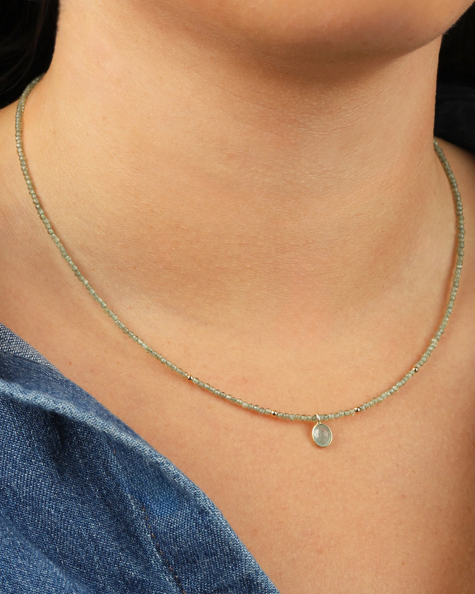 Green Apatite & Grandidierite Charm Beaded Necklace - Image 2