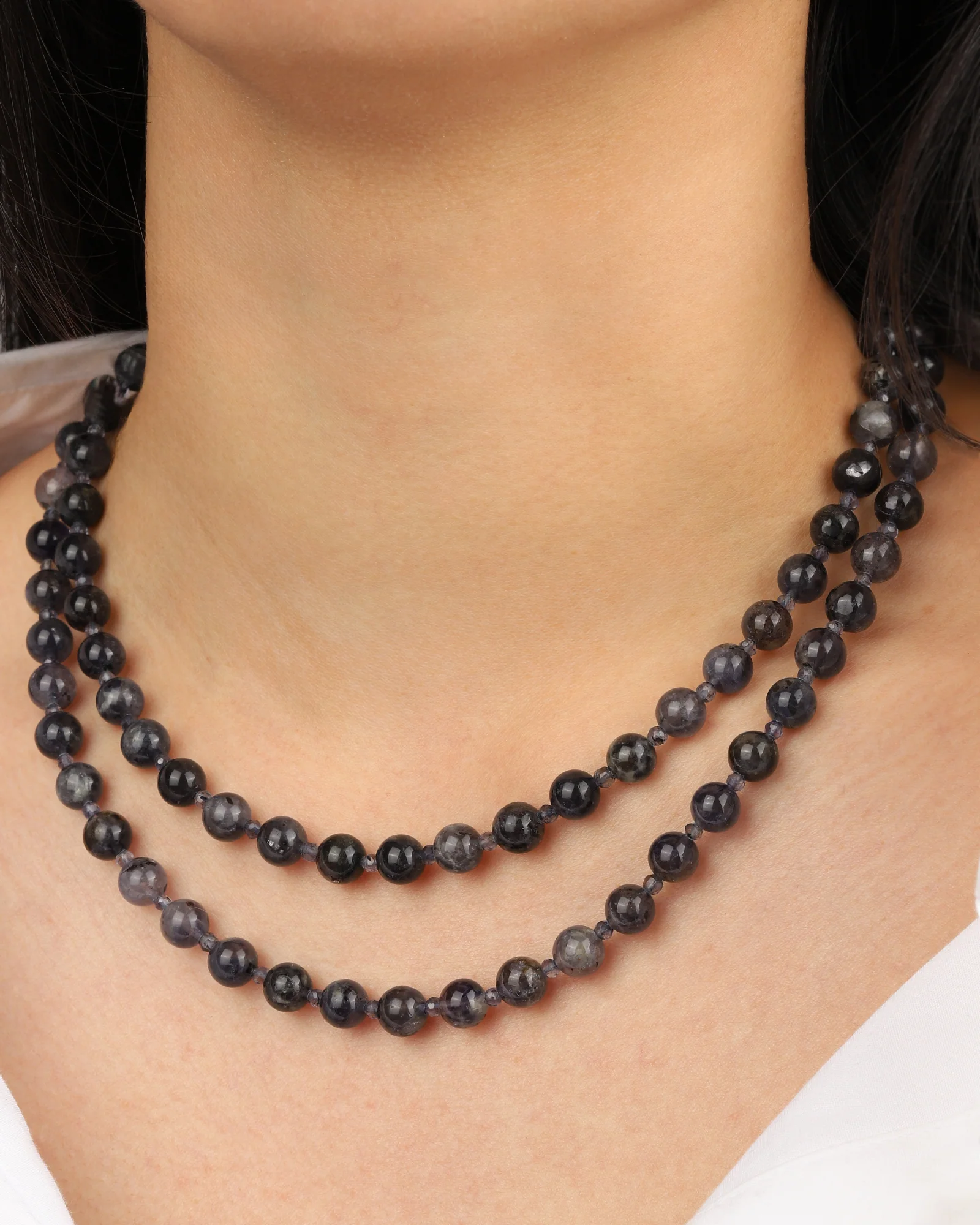 Grey Blue Iolite Extra Long Beaded Necklace | 8mm - Image 2